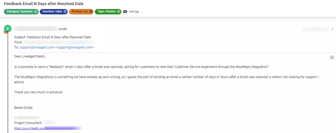 Skærmbillede af en billet, der viser et kundeproblem, der betragtes som lav prioritet.