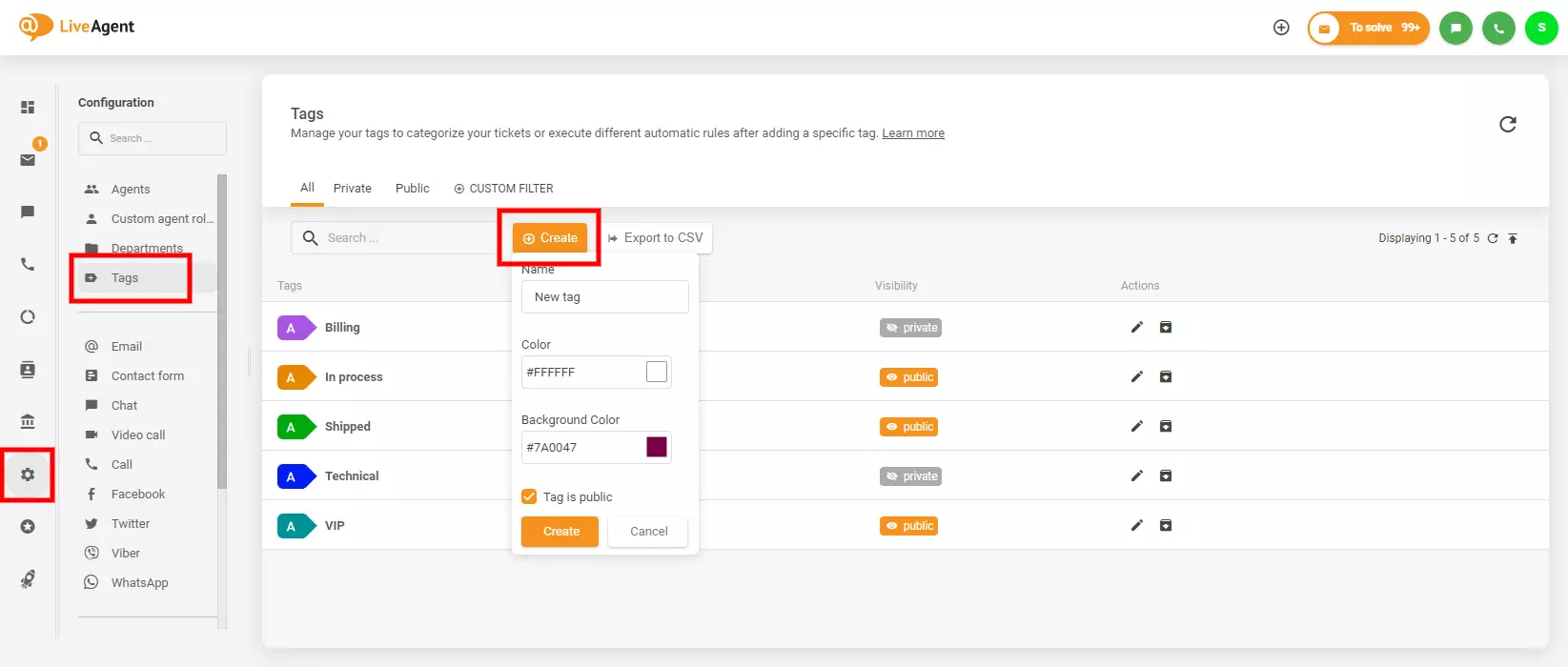 Billede viser, hvor du finder og opretter tags i LiveAgent