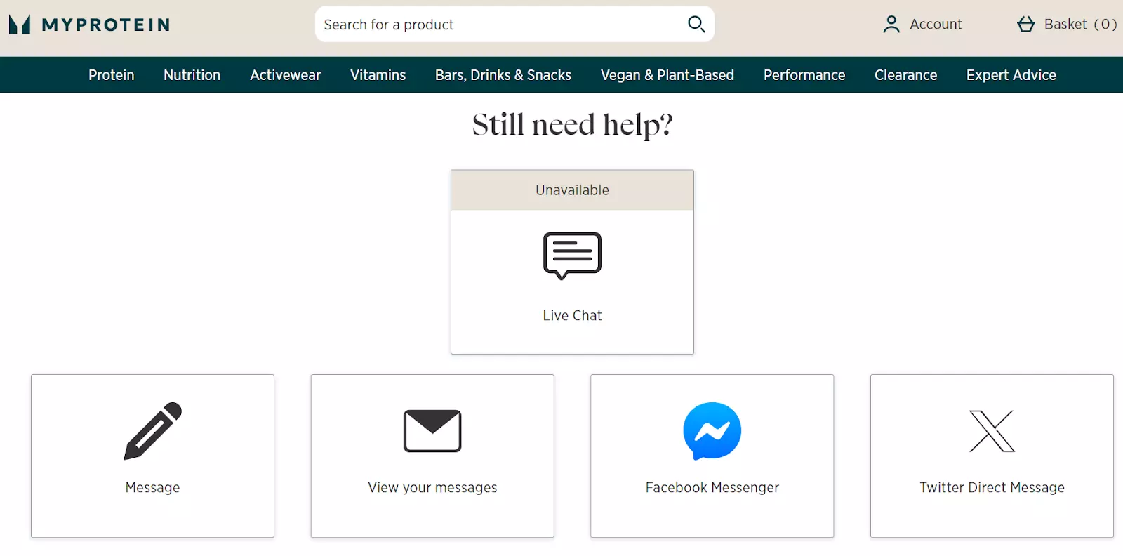 MyProtein support page with communication channels