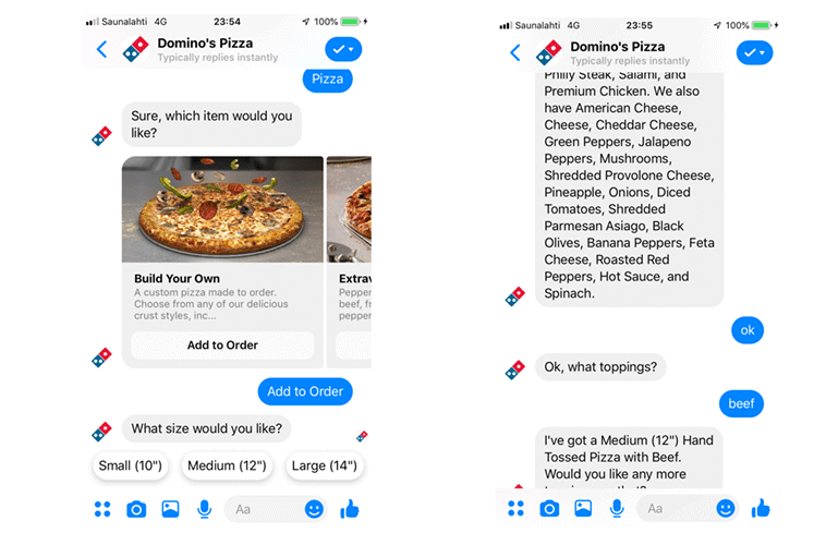 Continuation of Domino's Pizza live chat ordering process
