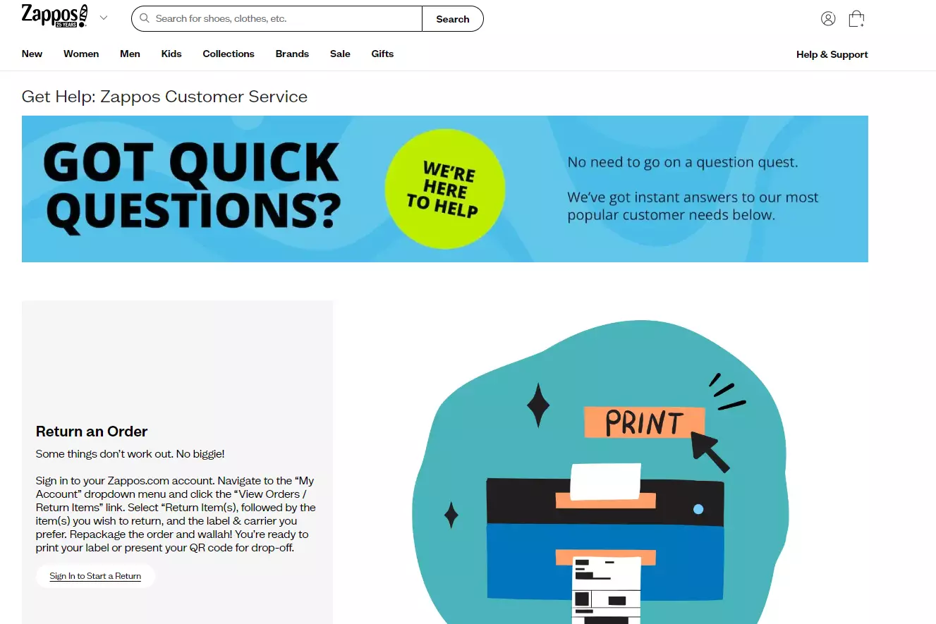 Zappos supportside, der viser deres supportmuligheder