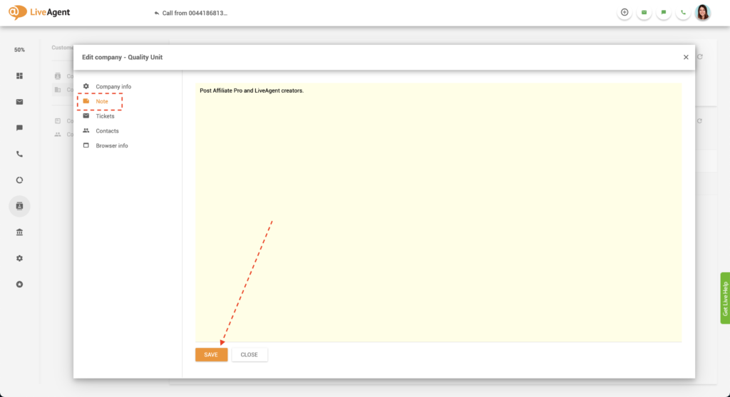 Virksomhedsnote i LiveAgent