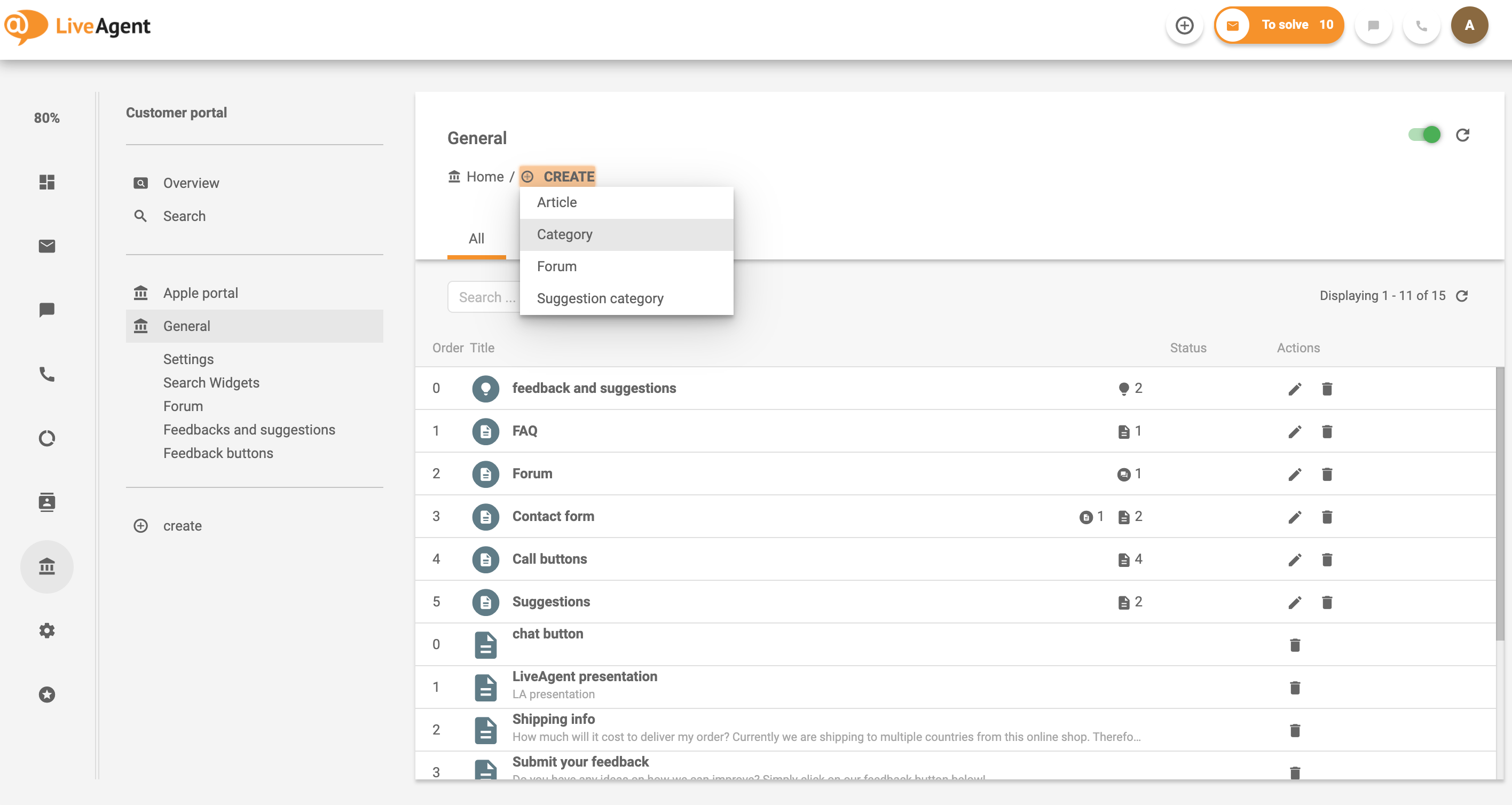 Eksempel på oprettelse af en kategori for kundeportal i LiveAgent vidensbasesystem