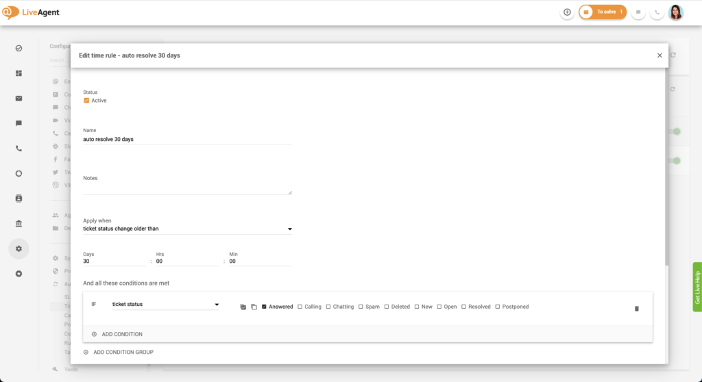 Rediger tidsregel i LiveAgent
