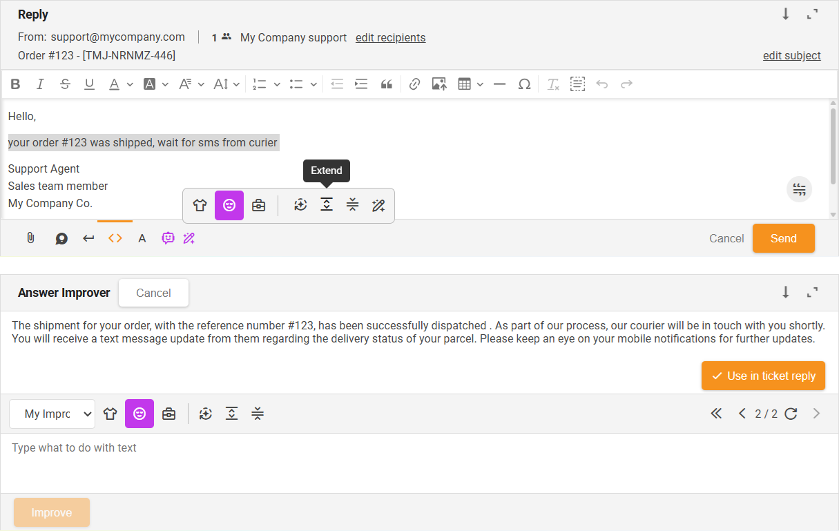 Udvid-funktion AI Answer Improver - interface oversigt