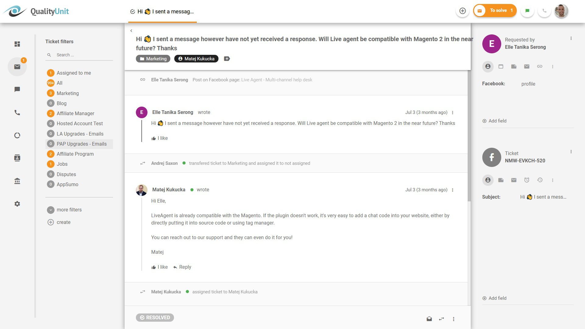 Svar på Facebook-indlæg fra LiveAgent