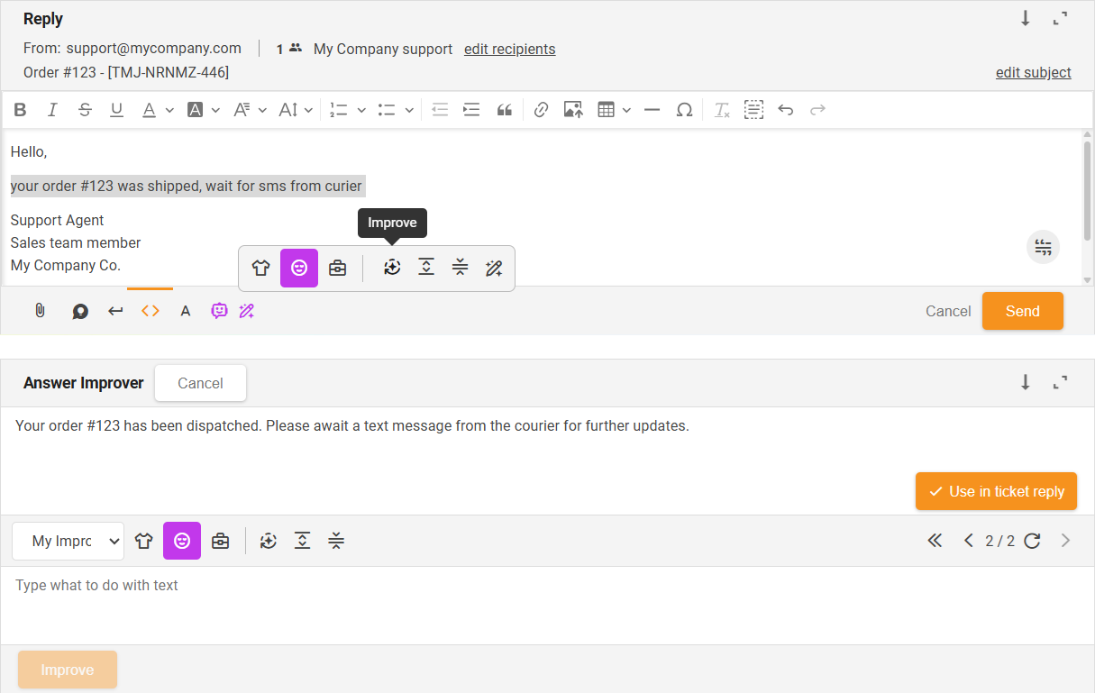 Forbedre-funktion AI Answer Improver - interface oversigt