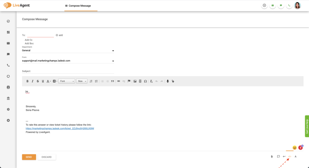 HTML-editor-knap i LiveAgent
