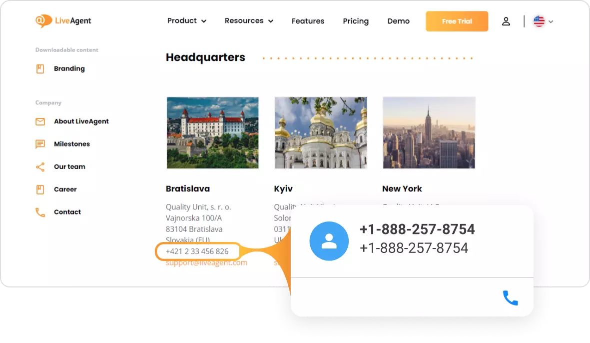 LiveAgent's Click to call contact card