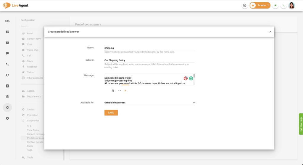Opsætning af foruddefinerede svar i LiveAgent