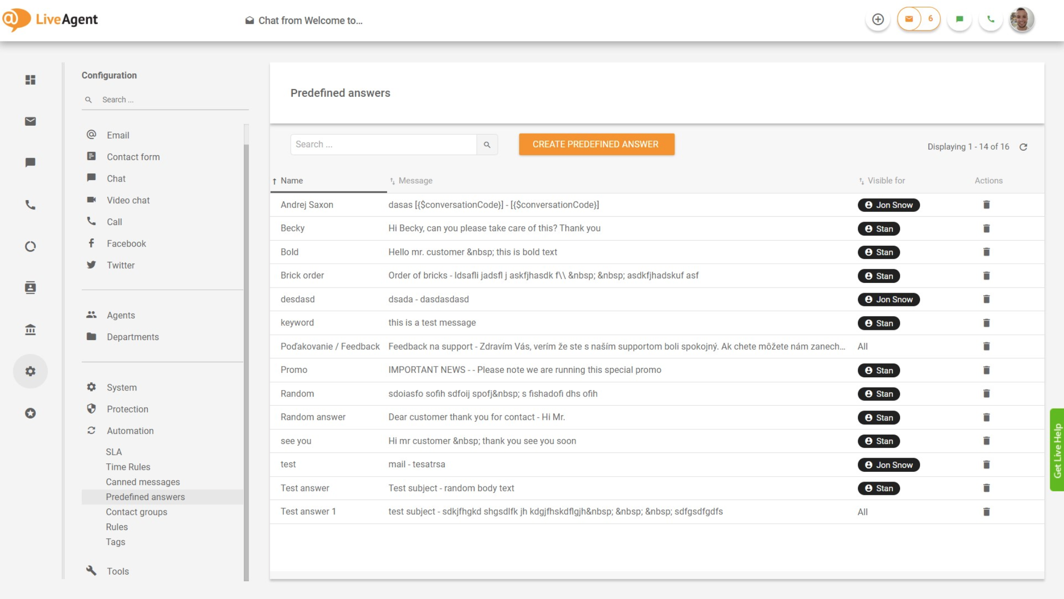 LiveAgent – Oversigt over foruddefinerede svar