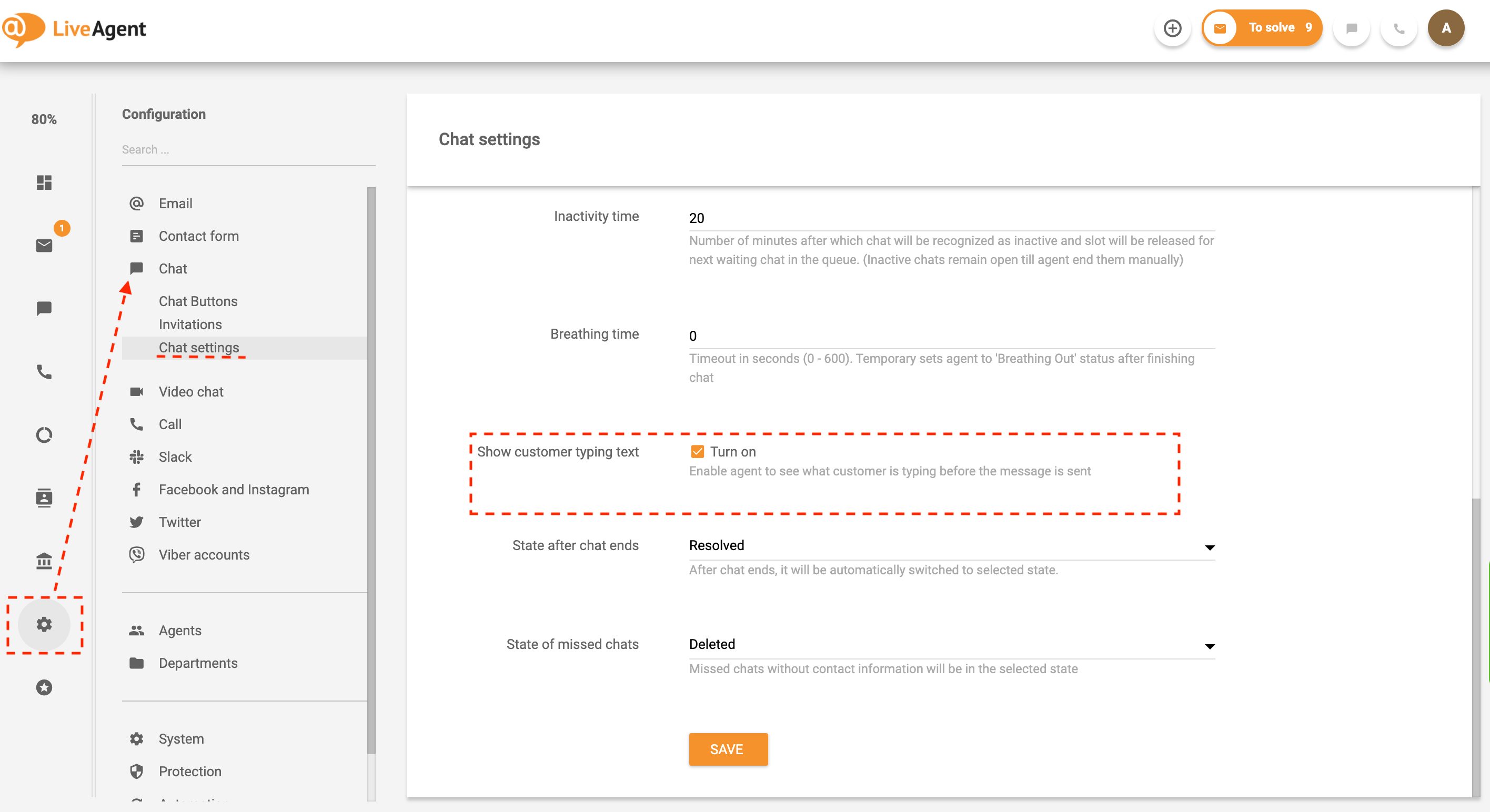 Indstillinger for realtidsvisning af skrivning i LiveAgent