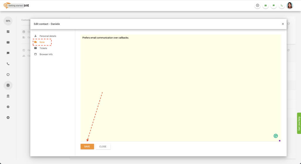 Gem kontakt-note i LiveAgent