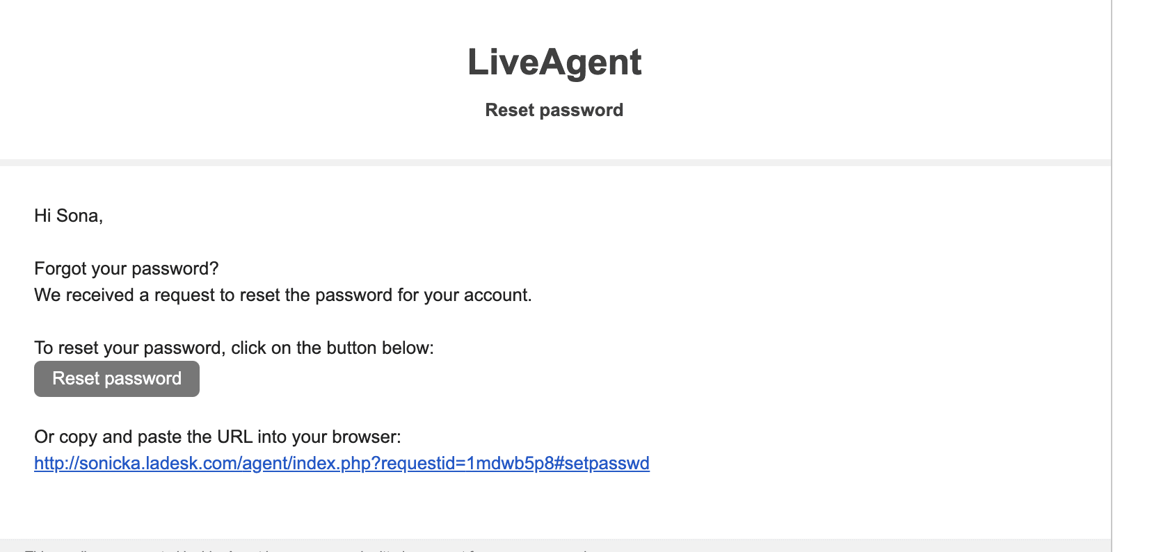 Email til nulstilling af adgangskode LiveAgent