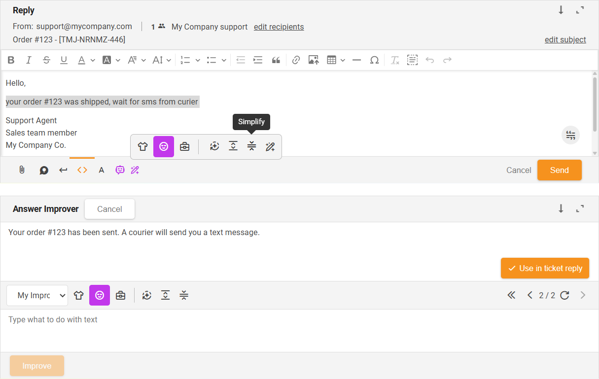 Simplificer-funktion AI Answer Improver - interface oversigt