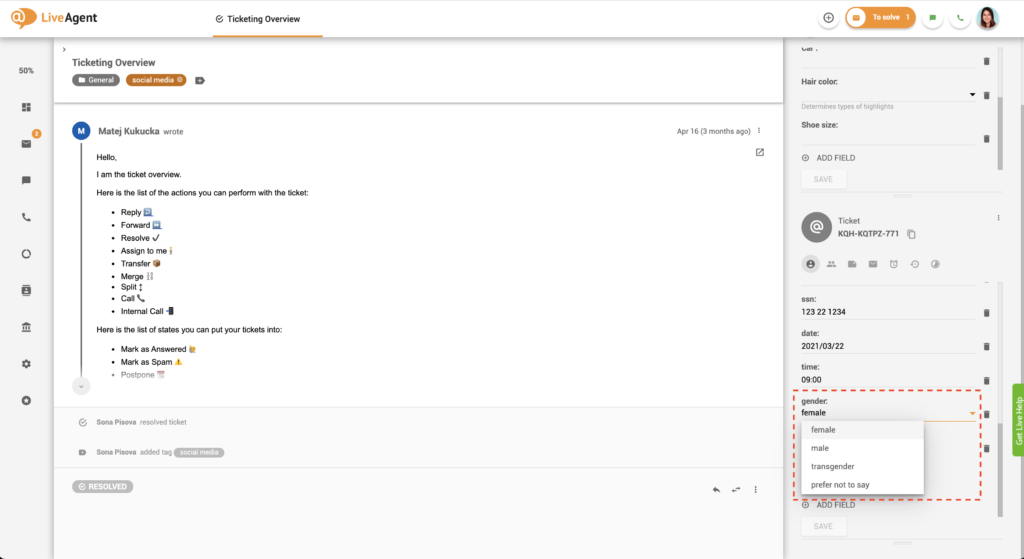 Eksempel på billetfelter listboks