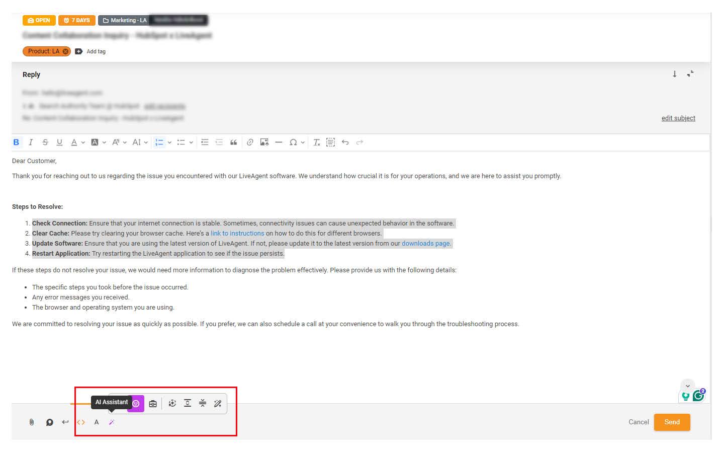 LiveAgent AI-assistent hjælper med at besvare en sag
