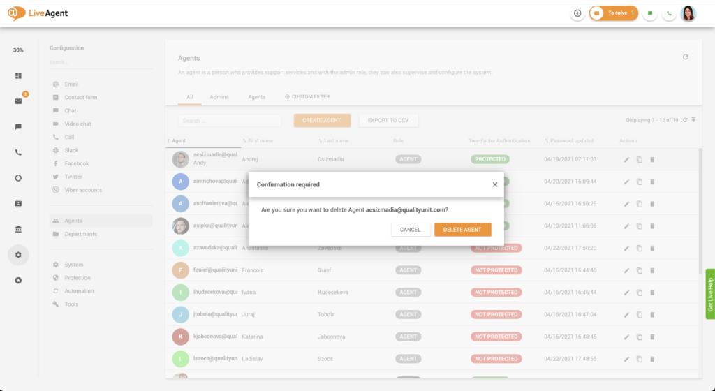 Delete agent confirmation