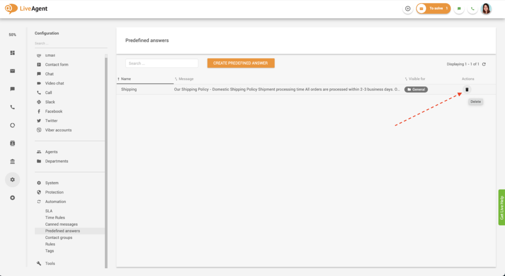 Sletning af foruddefineret svar i LiveAgent