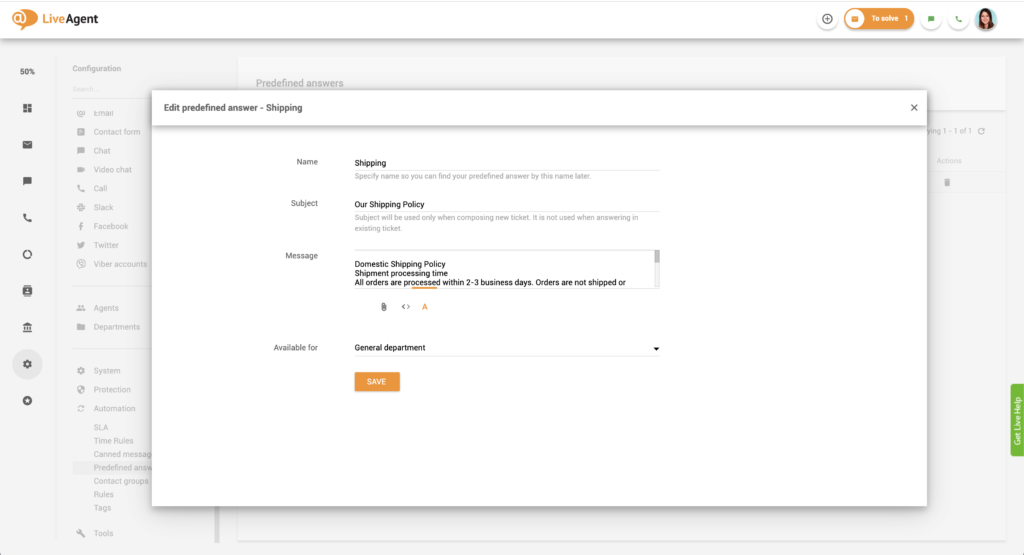 Redigering af foruddefinerede svar i LiveAgent