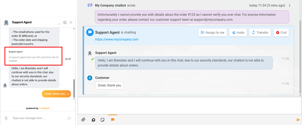 LiveAgent AI Menneskelig handover Preview