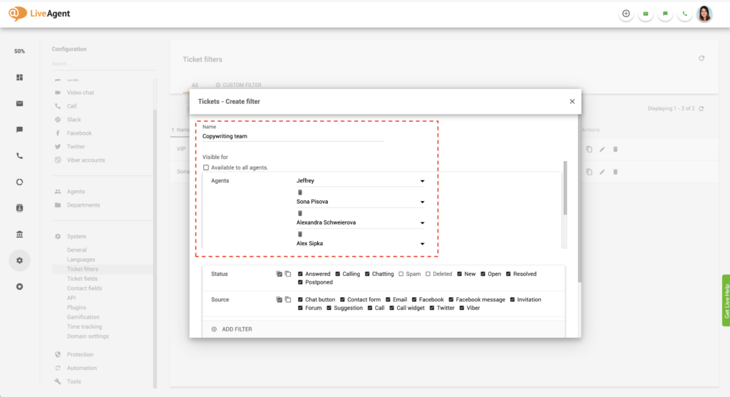 LiveAgent Global filter