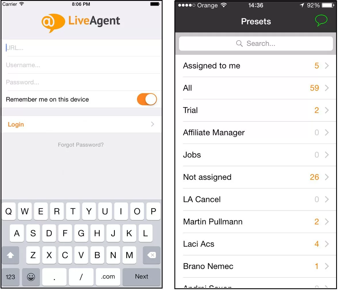 LiveAgent iOS-applikationsgrænseflade