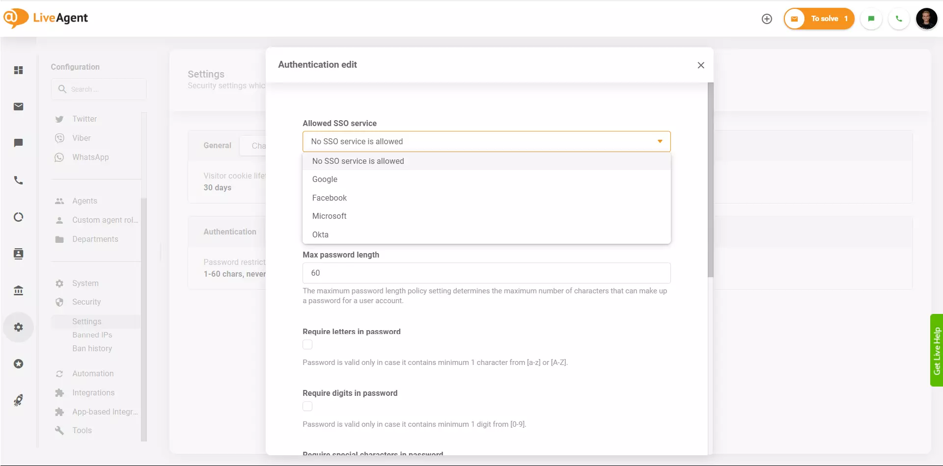 LiveAgent SSO-udbydere