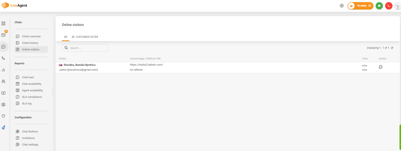 Skærmbillede af sporing af webstedsbesøgende i LiveAgent