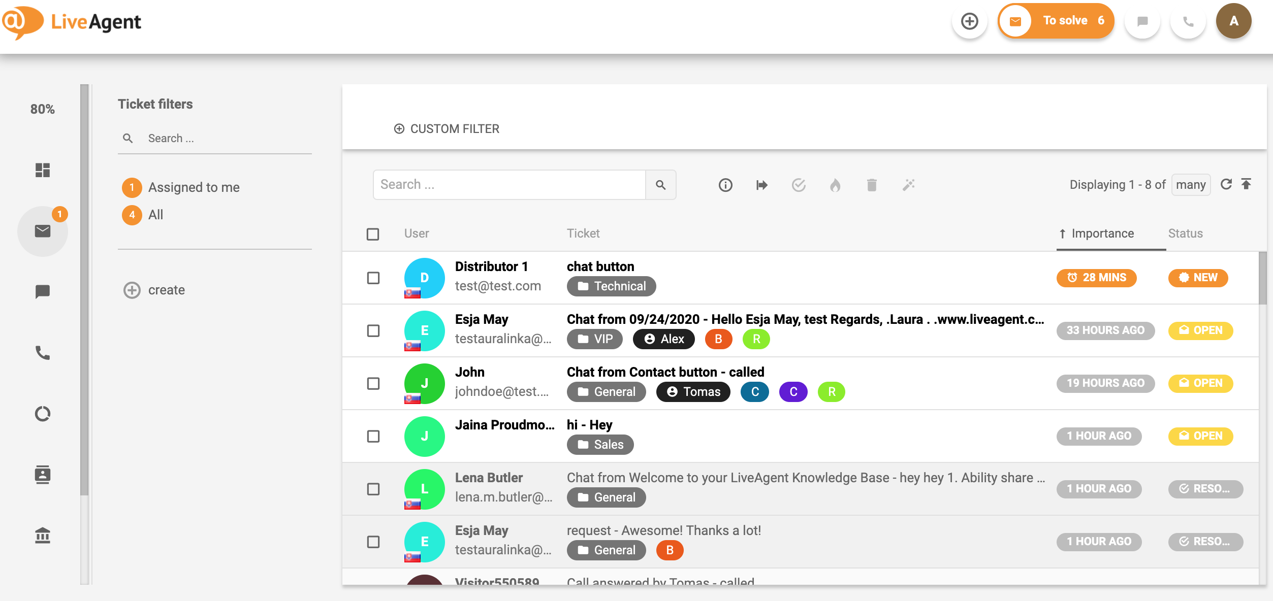 Oversigt over ticketing-grænsefladen i LiveAgent.