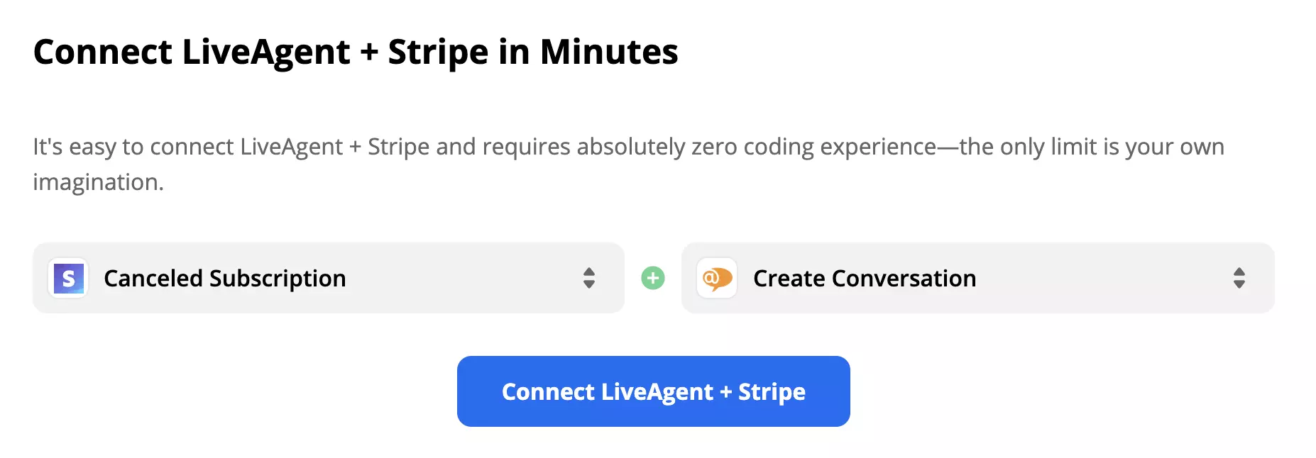 Eksempel på valgt Stripe-trigger og LiveAgent-handling