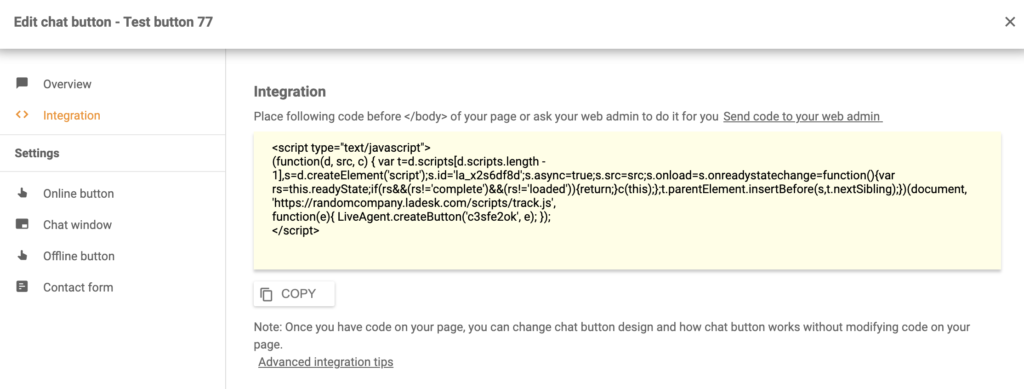 Shift4shop LiveAgent integrationskode