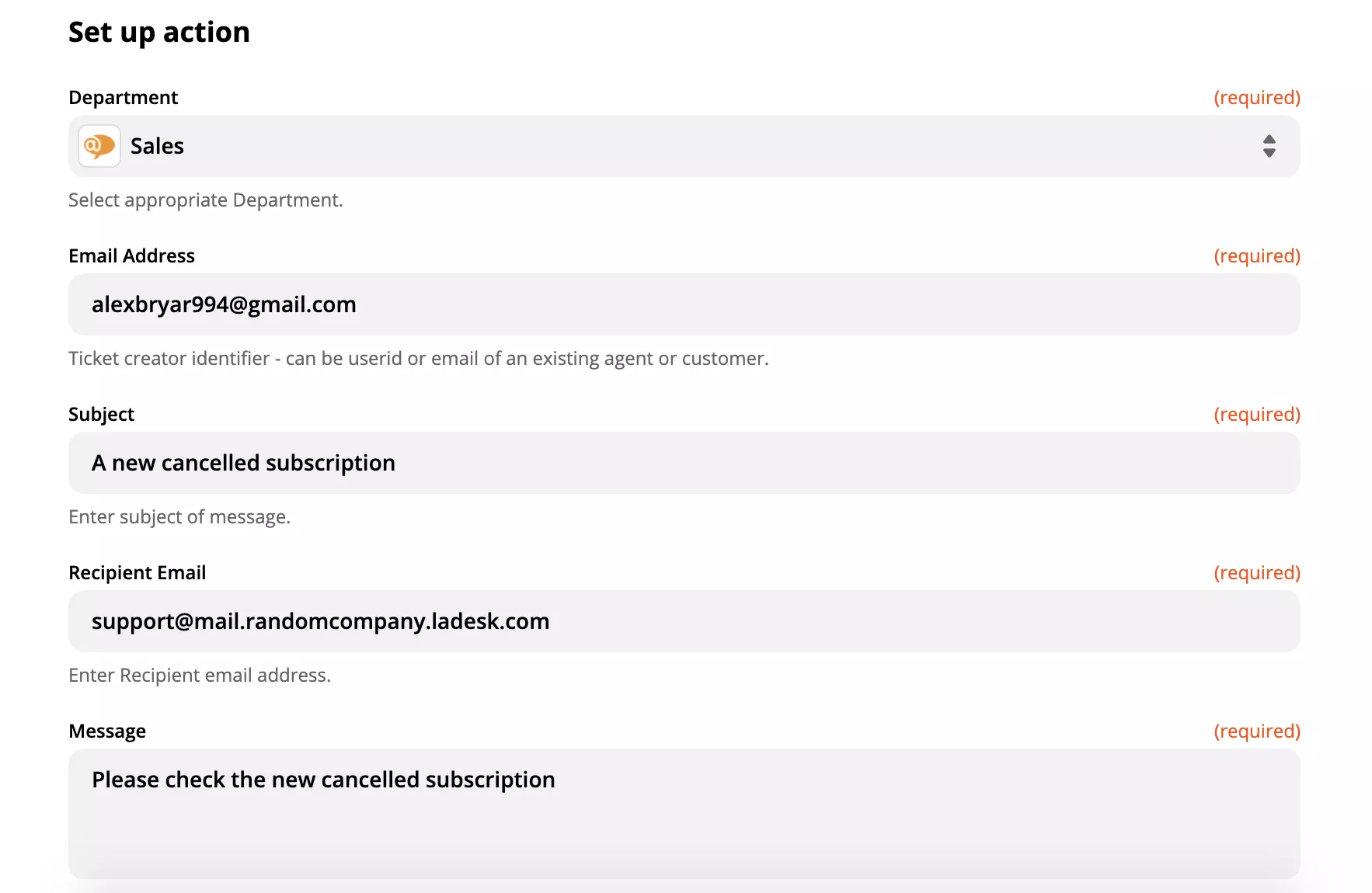 Et eksempel på opsætning af en LiveAgent-handling