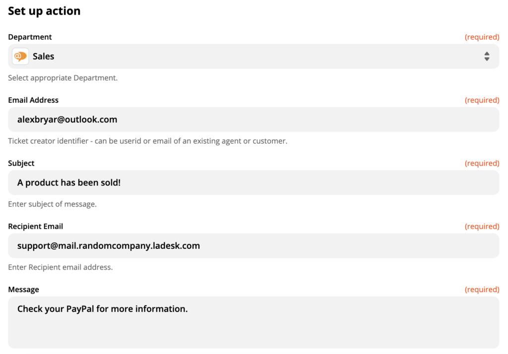 En opsætning af LiveAgent action Opret ny samtale