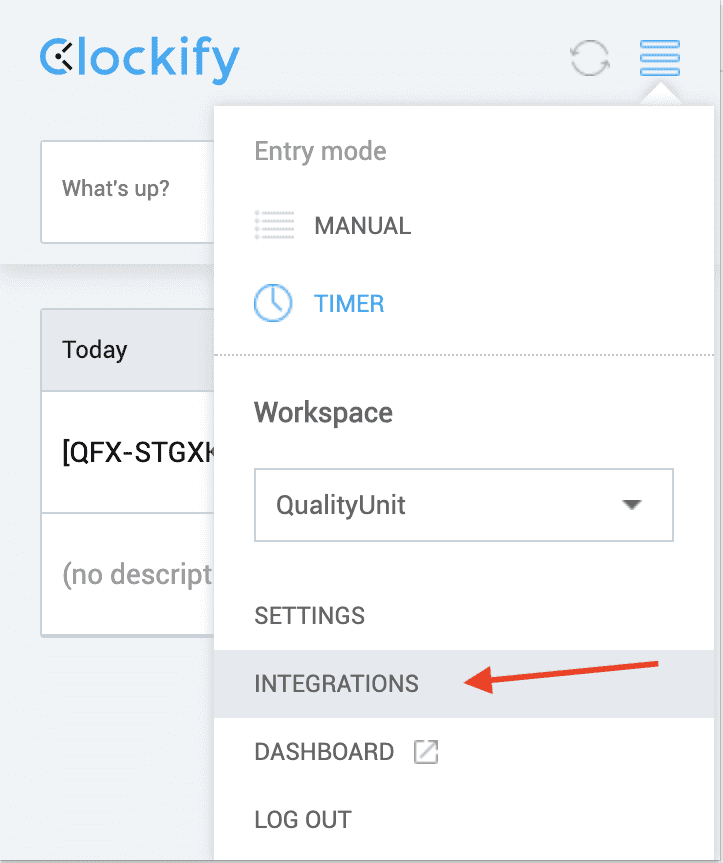 Clockify integrationsmenu