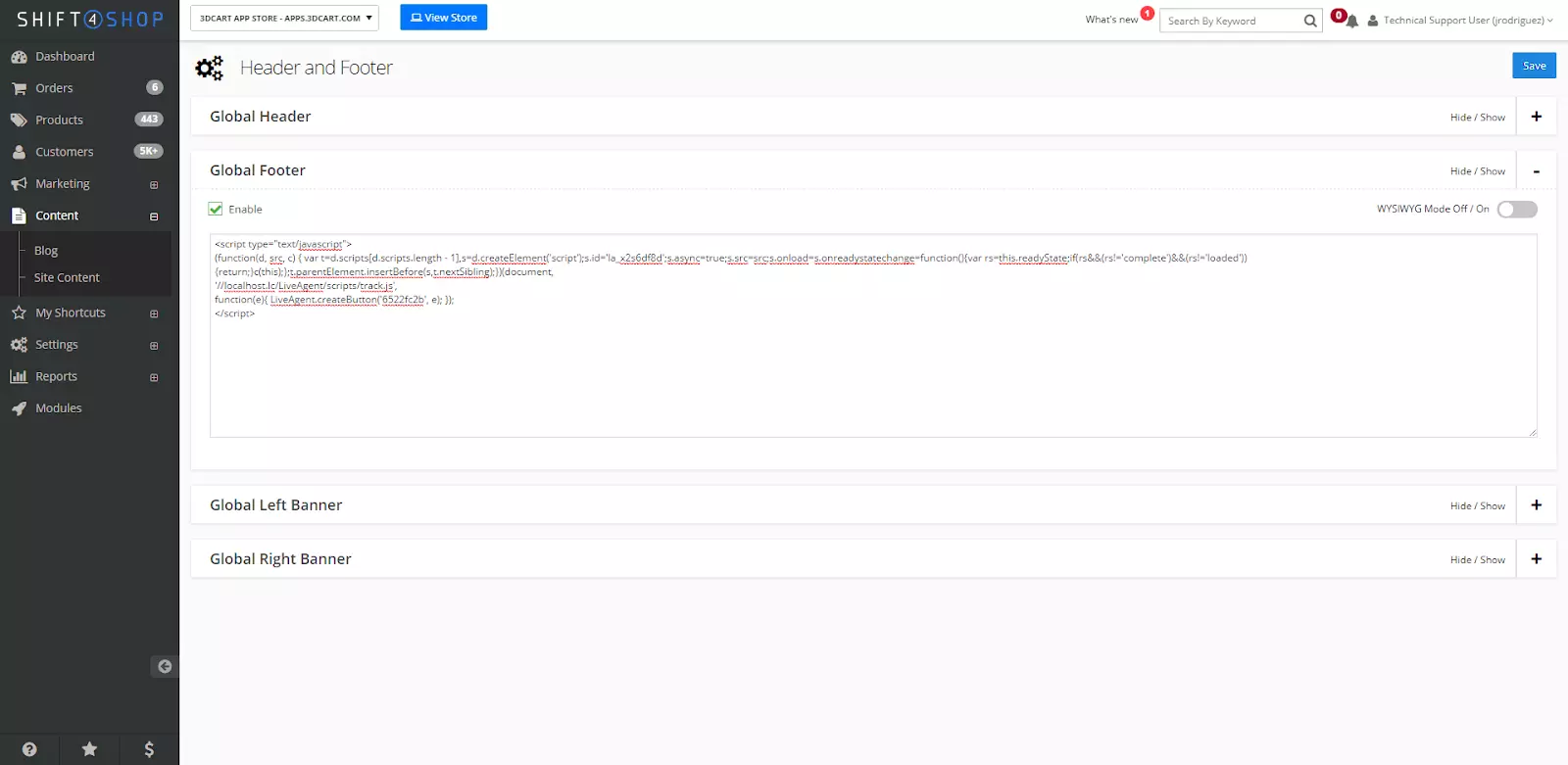Shift4Shop indstillinger med kode tilpasningsmulighed