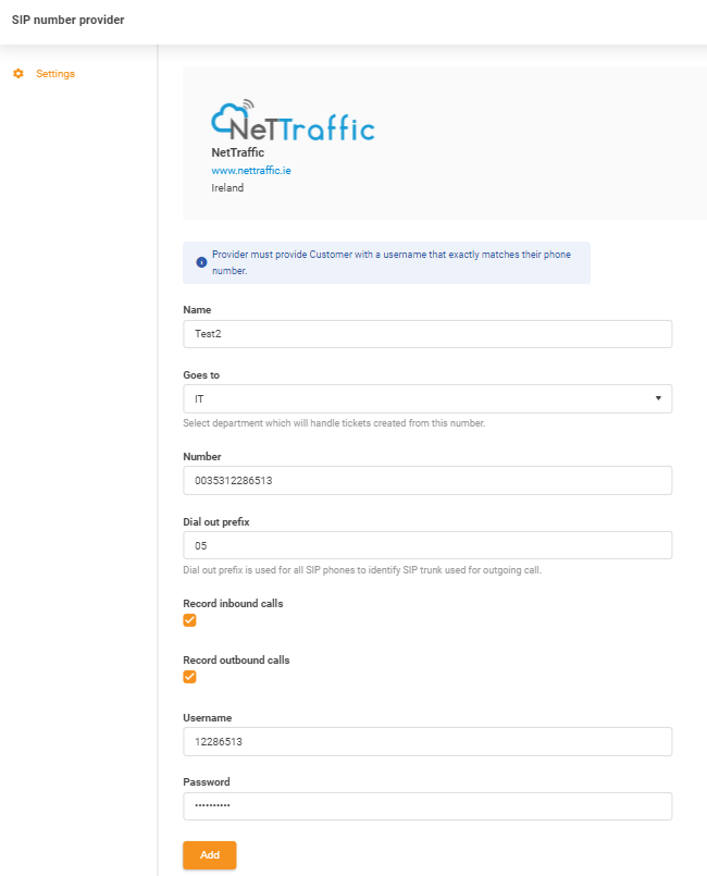 NetTraffic credentials input form