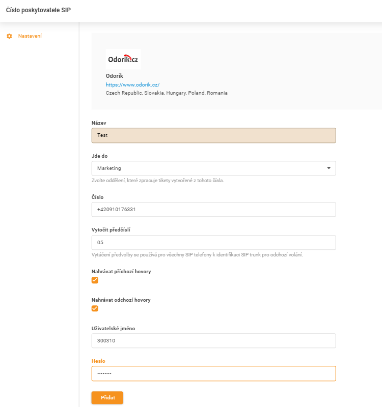 Přihlašovací údaje Odorik.cz