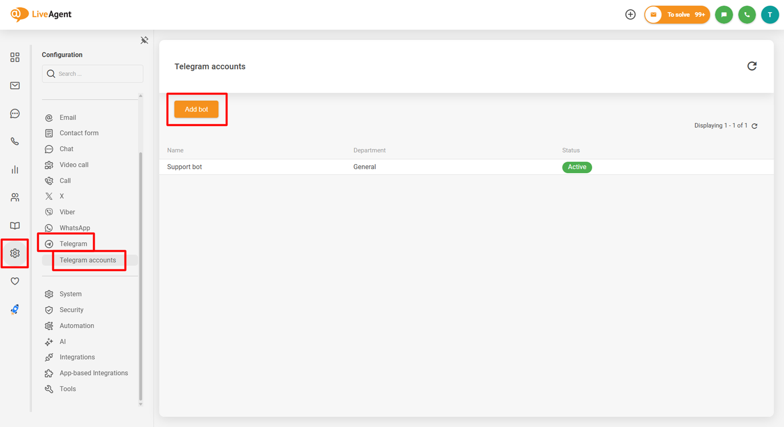 Screenshot af LiveAgent Telegram integrationskonfigurationspanel, der viser Add bot knap