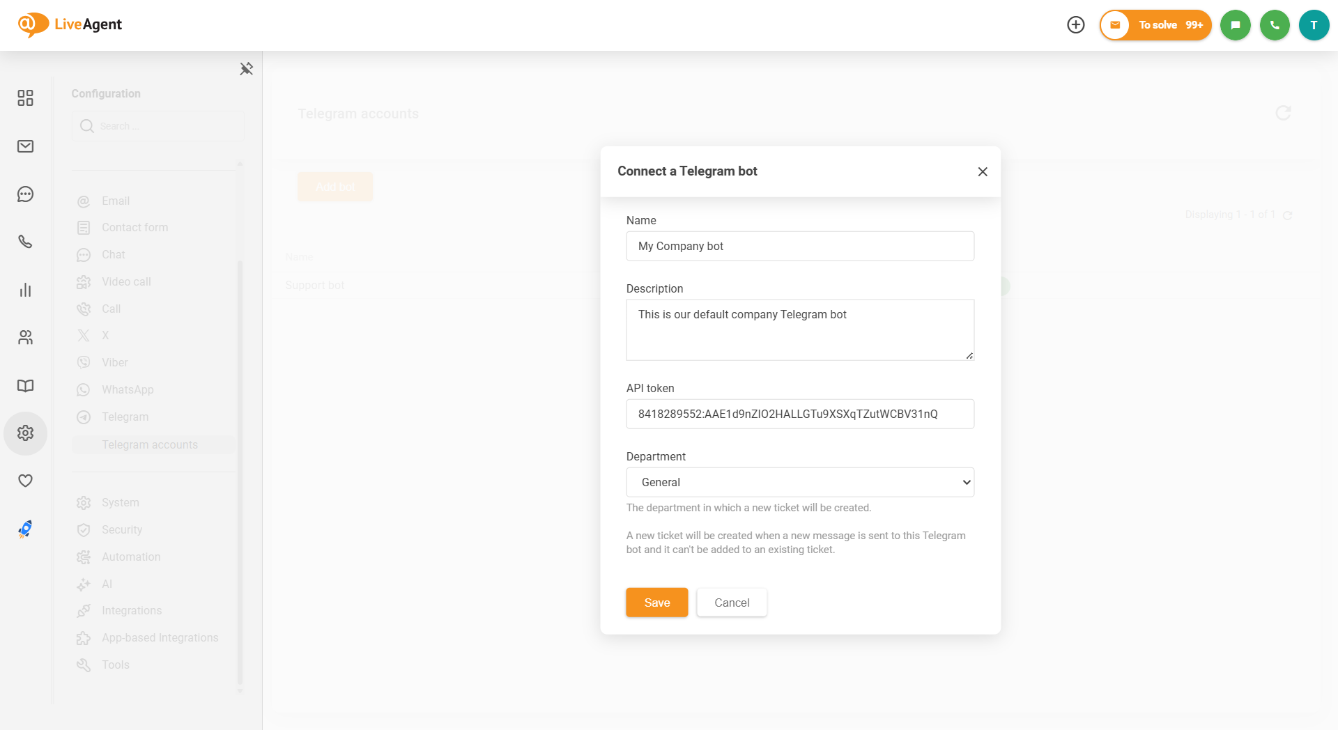 Screenshot af LiveAgent Telegram integration, hvordan man forbinder bot