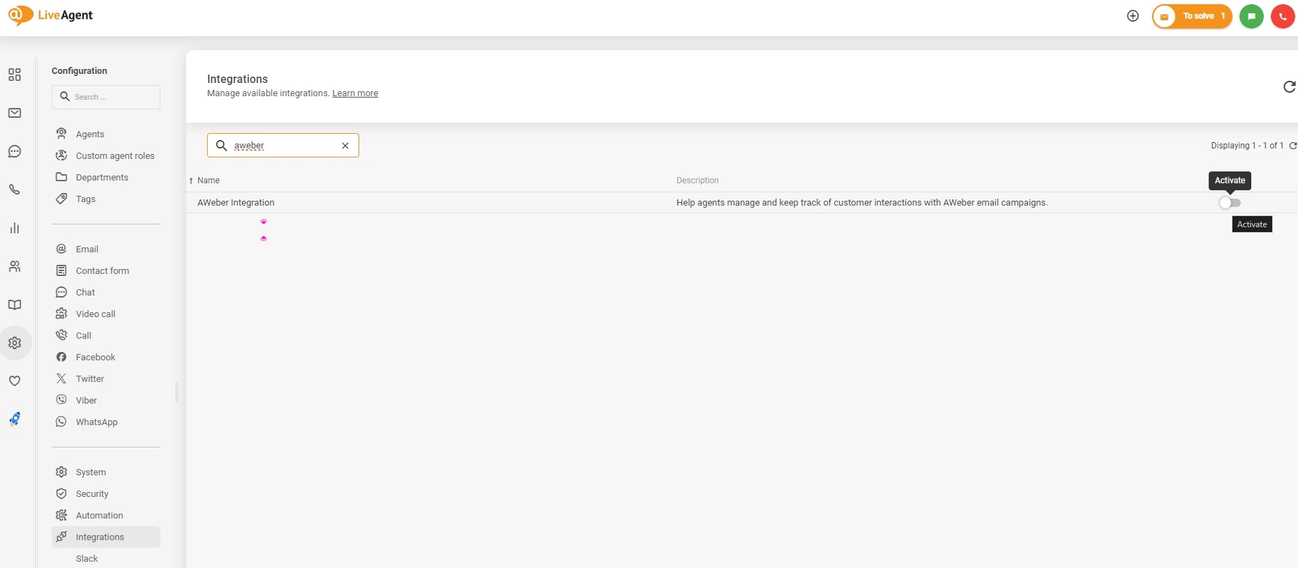 Aktivér AWeber-integration i LiveAgent