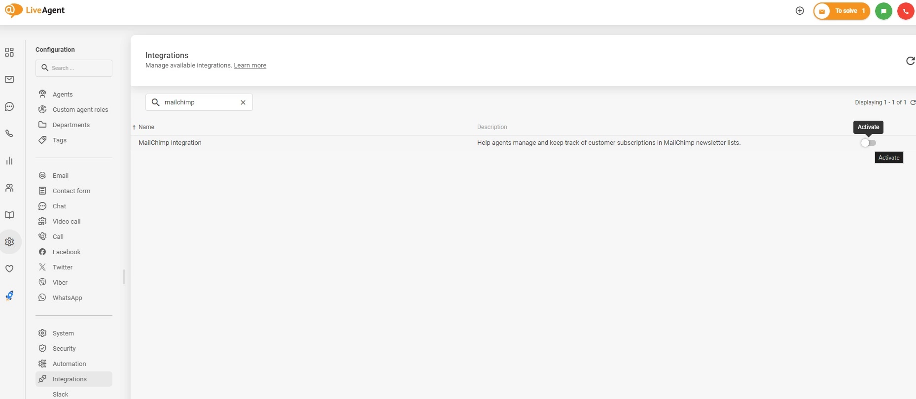 Aktivér Mailchimp integration i LiveAgent