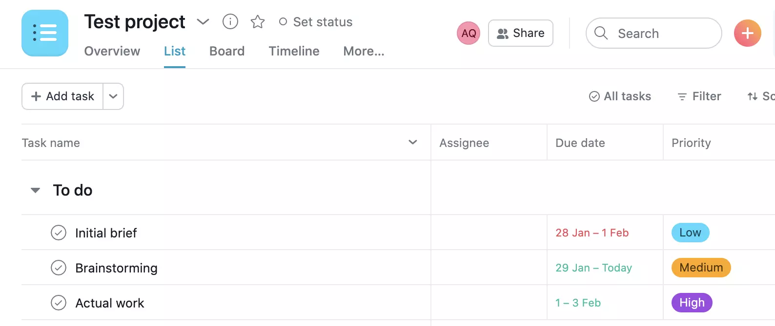 Asana-projekteksempel