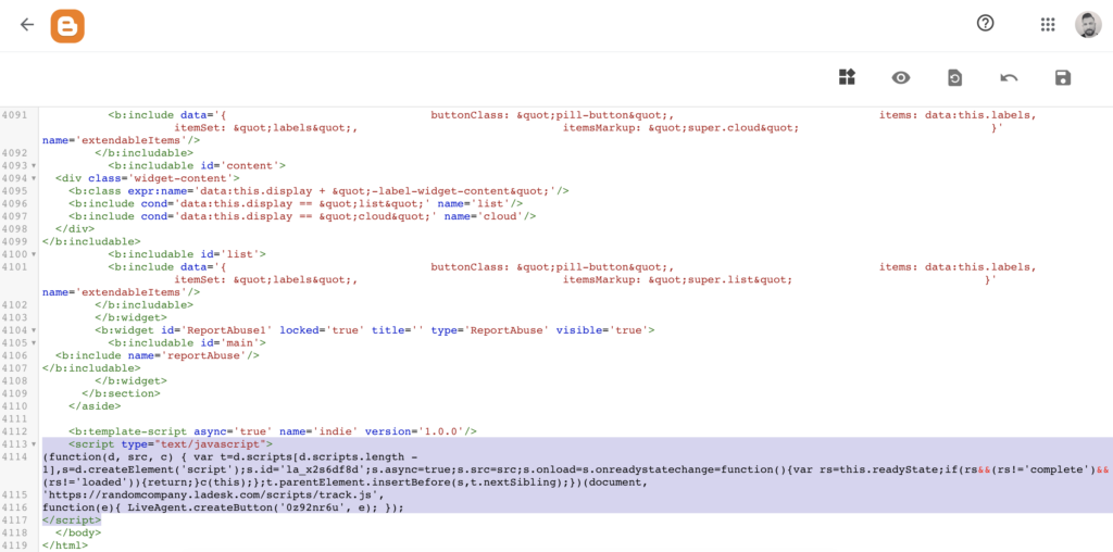 Blogger-kode med chat-knap-kode indsat