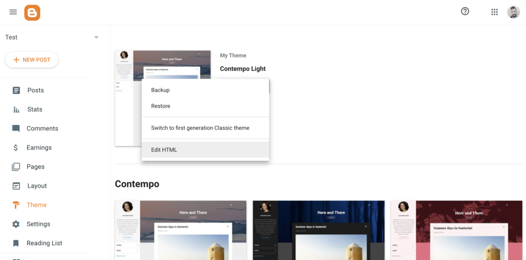 Rediger HTML-mulighed i Blogger-temaindstillinger