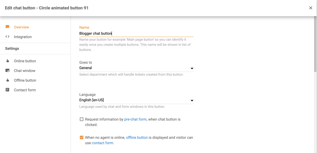 LiveAgent chat-knap-konfiguration med flere muligheder
