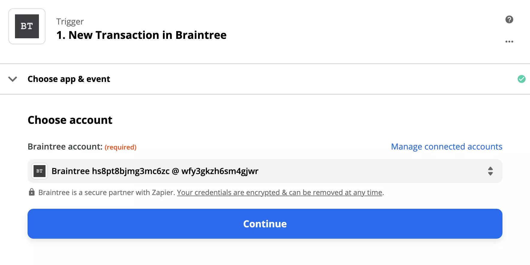 Braintree trigger-konfiguration på Zapier