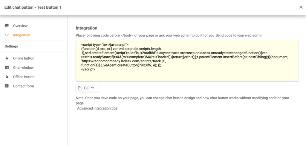 En chat-knap-kode genereret i LiveAgent