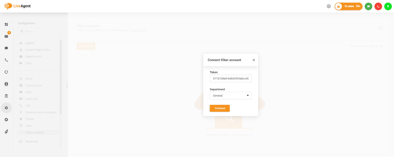 Indsætning af token i Forbind Viber-konto-vinduet