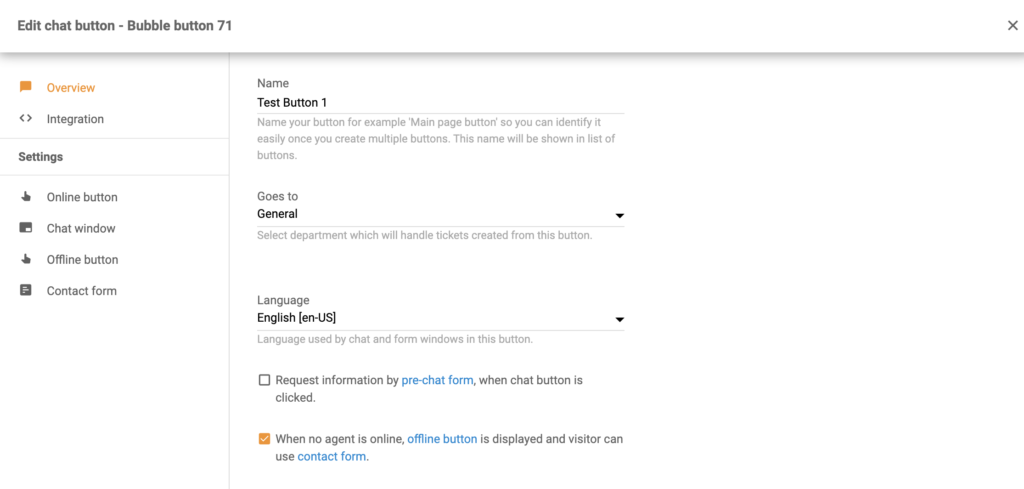 Chat-knap-konfiguration som en del af Volusion-integration